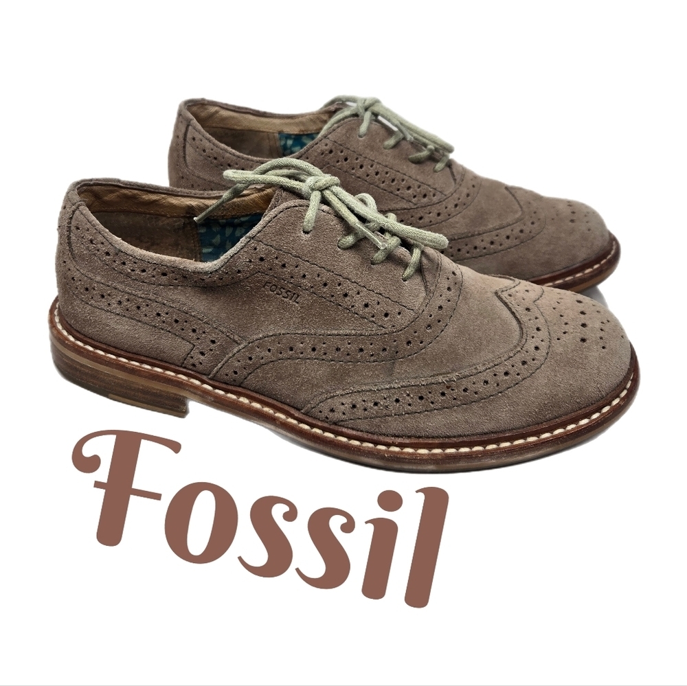 Fossil Womens Sz 7 Tan Suede Lace Up Brouges School Office Work Wear Casual